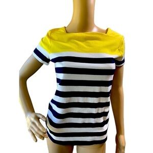 Chaps Yellow Blue White Striped Short Sleeve Boat Neck Casual Shirt Size Medium